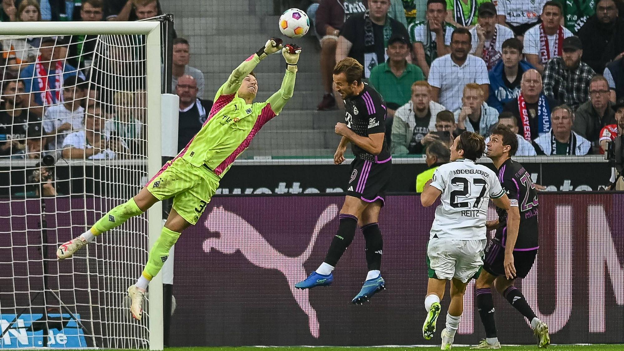 Borussia Mönchengladbach hat am Samstag (2. September 2023) knapp mit 1:2 gegen den FC Bayern München verloren. Das Foto zeigt Keeper Moritz Nicolas bei einer Parade.