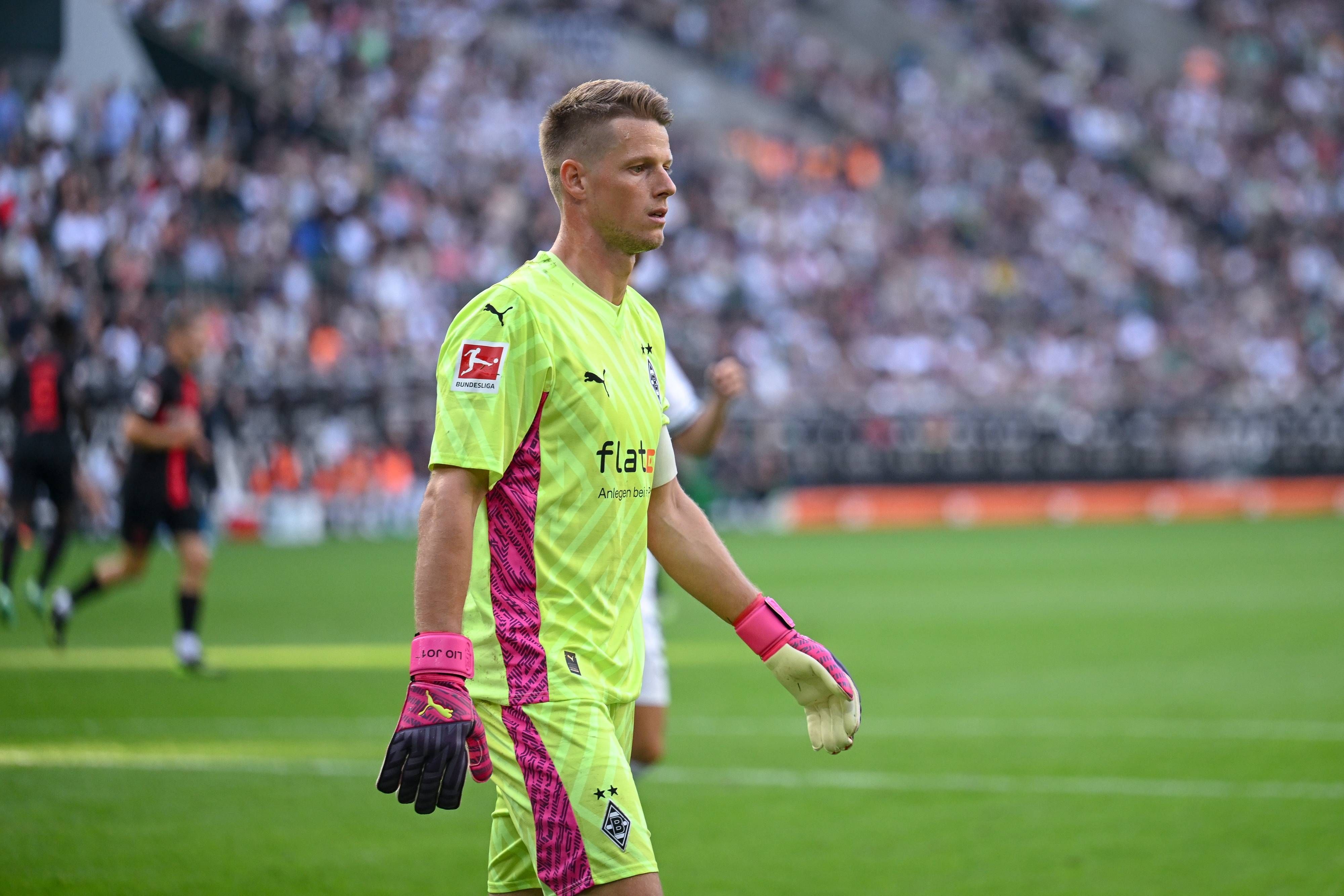 Jonas Omlin, Keeper von Borussia Mönchengladbach, hier am 26. August 2023 beim Bundesliga-Heimspiel gegen Bayer Leverkusen im Borussia-Park.