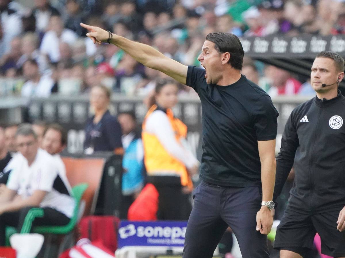 Gerardo Seoane am 2. September 2023 mit einer energischen Armbewegung und weit aufgerissenem Mund.
