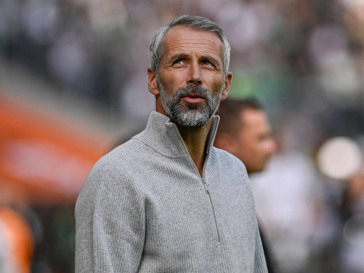 Marco Rose schaut im Borussia-Park nach oben auf die Tribüne.