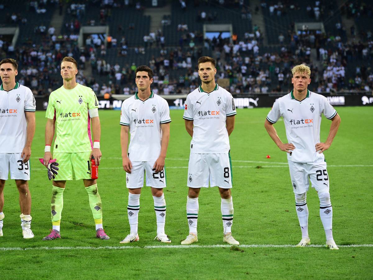 Die Borussia-Spieler um Max Wöber (l.), Jonas Omlin (2.v.l.) und Julian Weigl (2.v.r.) stehen nach dem Spiel bei den Fans.