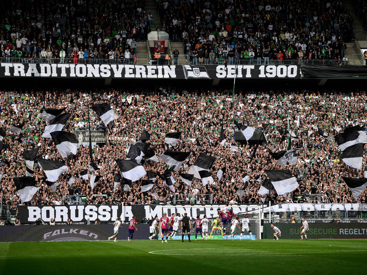 Die Nordkurve im Borussia-Park mit Fahnen und zwei großen Bannern.