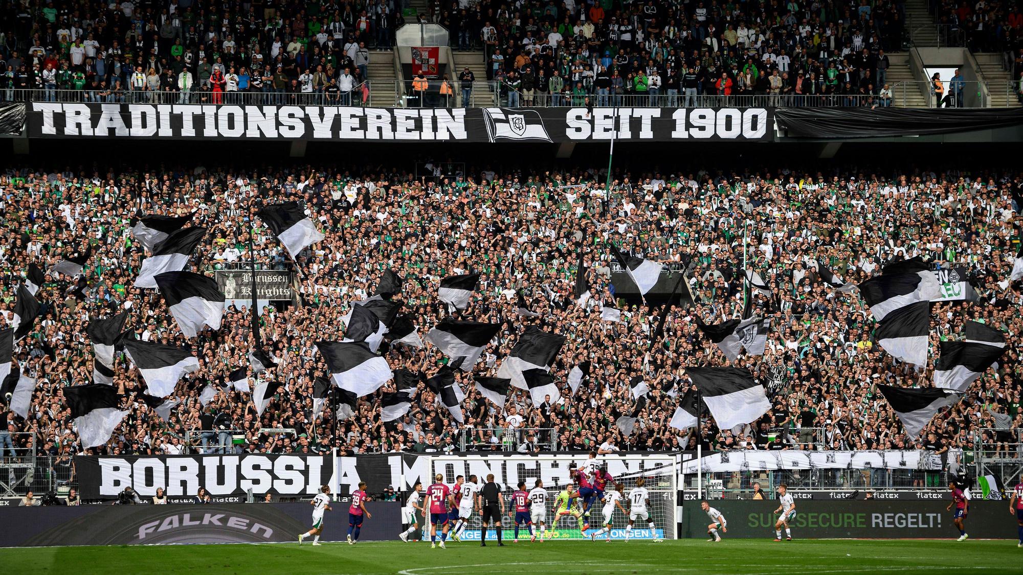 Die Nordkurve im Borussia-Park mit Fahnen und zwei großen Bannern.