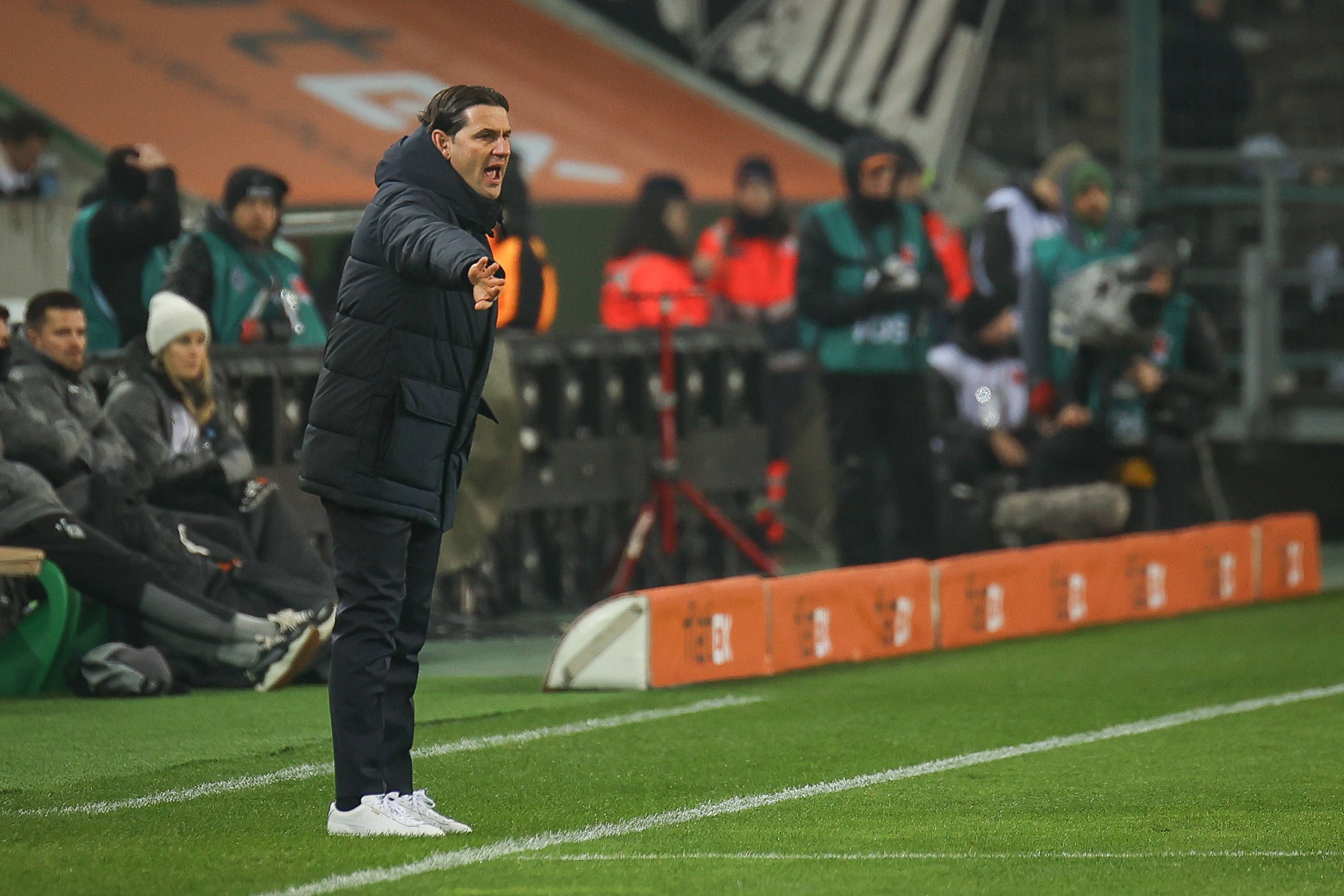Trainer von Borussia Mönchengladbach dirigiert während eines Heimspiels an der Seitenlinie.
