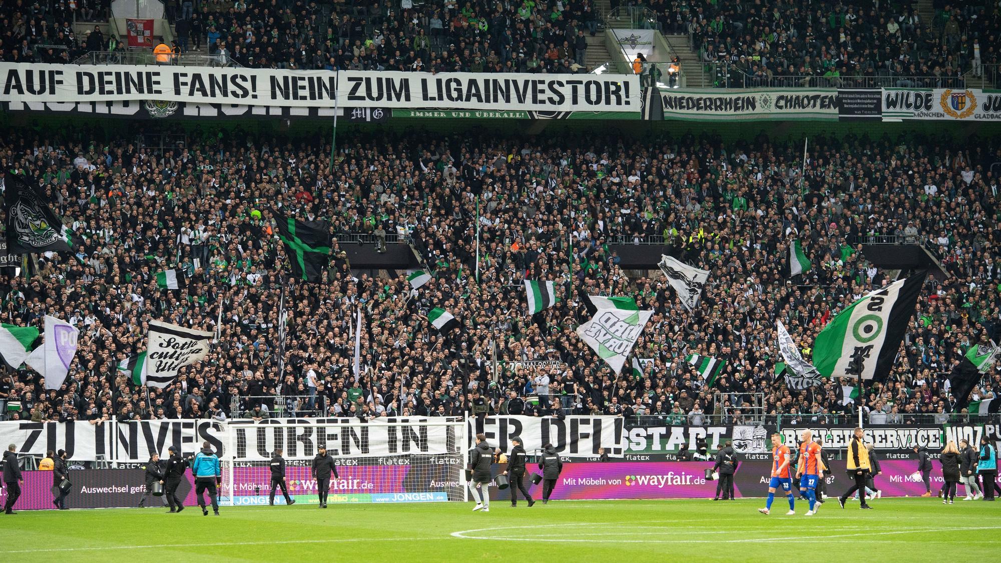 Mitarbeitende sammeln Tennisbälle auf dem Borussia-Park-Rasen ein.