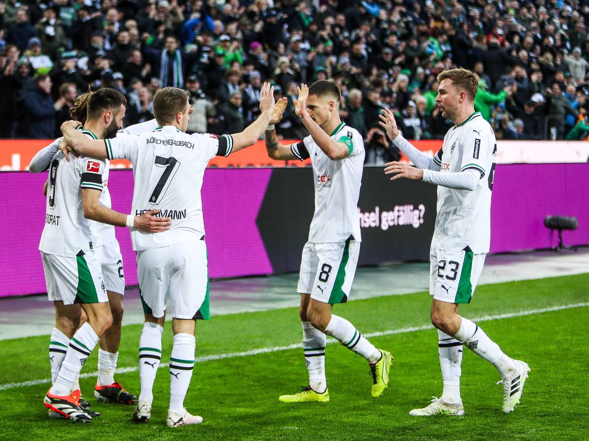 Die Borussia-Spieler beim Torjubel nach dem Tor von Franck Honorat.