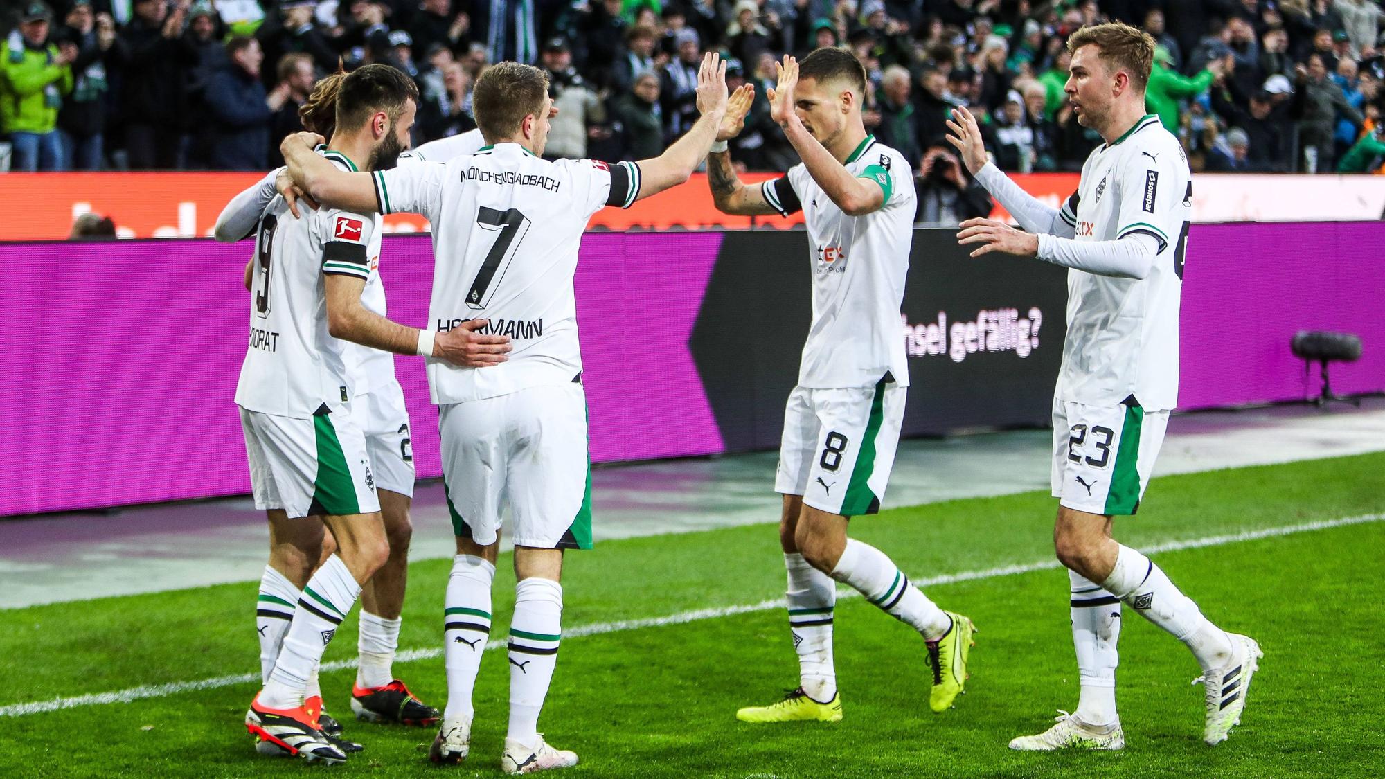 Die Borussia-Spieler beim Torjubel nach dem Tor von Franck Honorat.