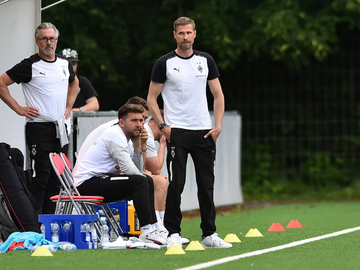 Das Trainerteam der U19 von Borussia Mönchengladbach während eines Spiels.