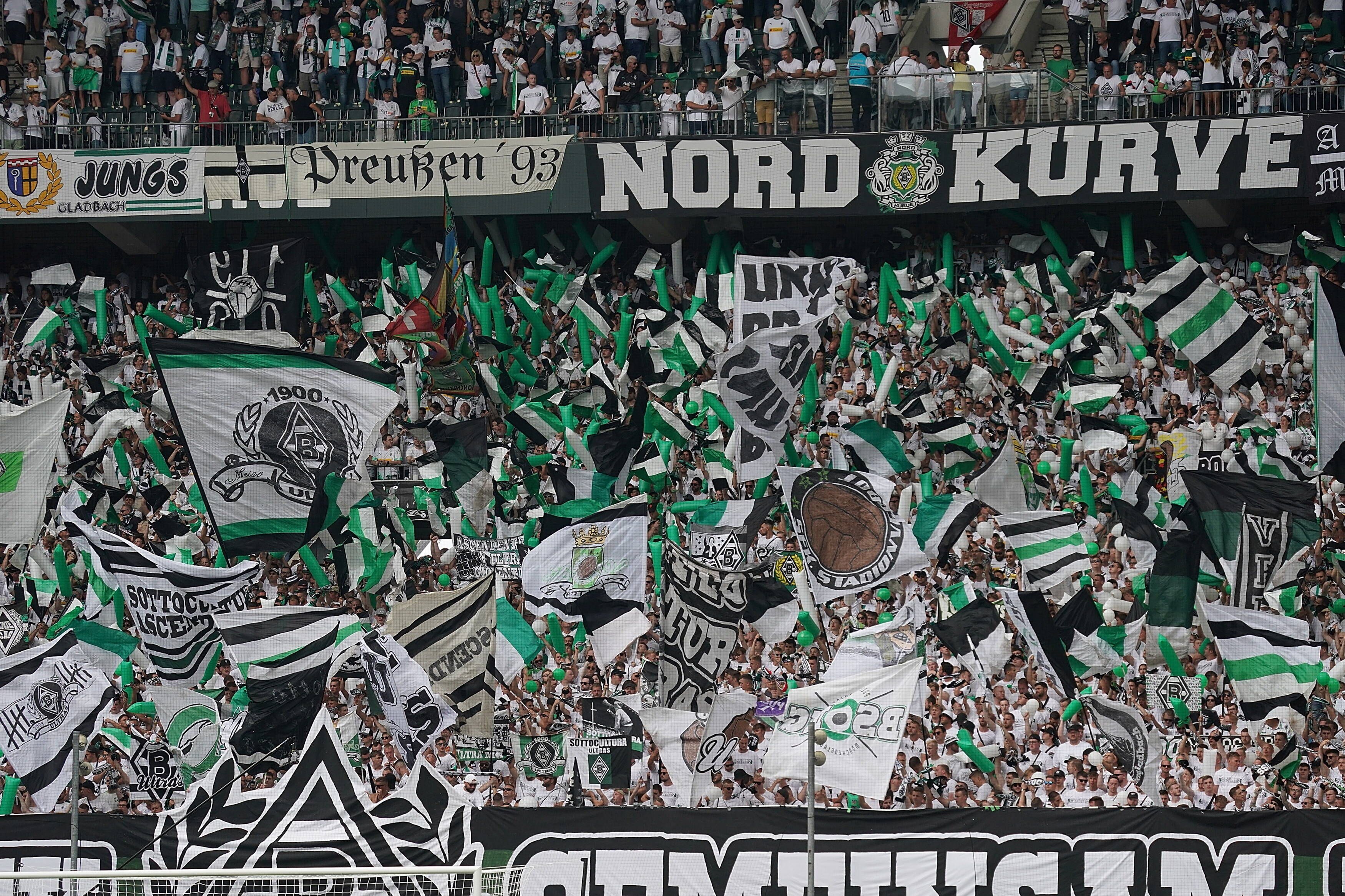 Die Fans von Borussia Mönchengladabch schwenken beim Spiel gegen die TSG Hoffenheim ihre Fahnen.