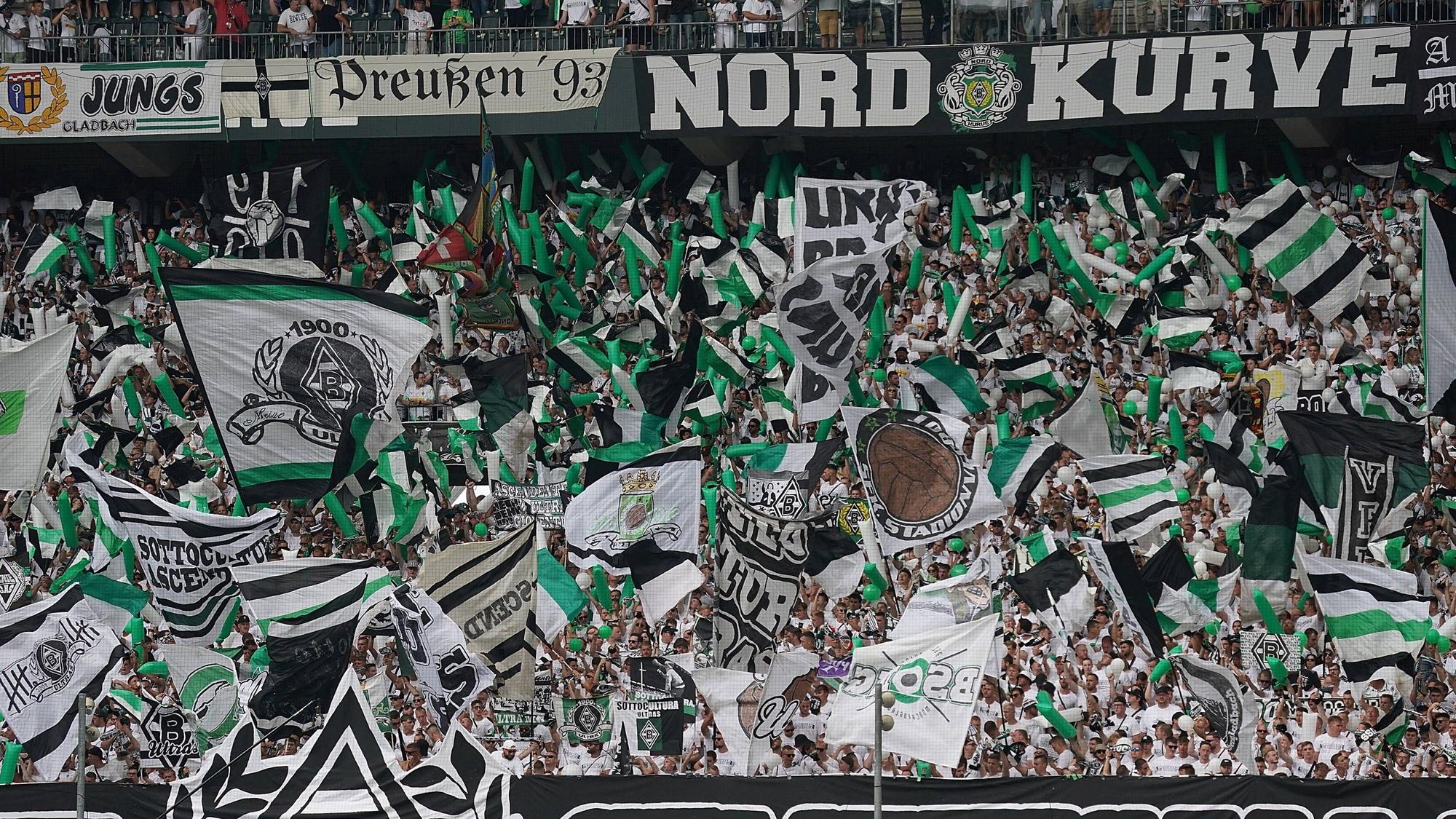 Die Fans von Borussia Mönchengladabch schwenken beim Spiel gegen die TSG Hoffenheim ihre Fahnen.