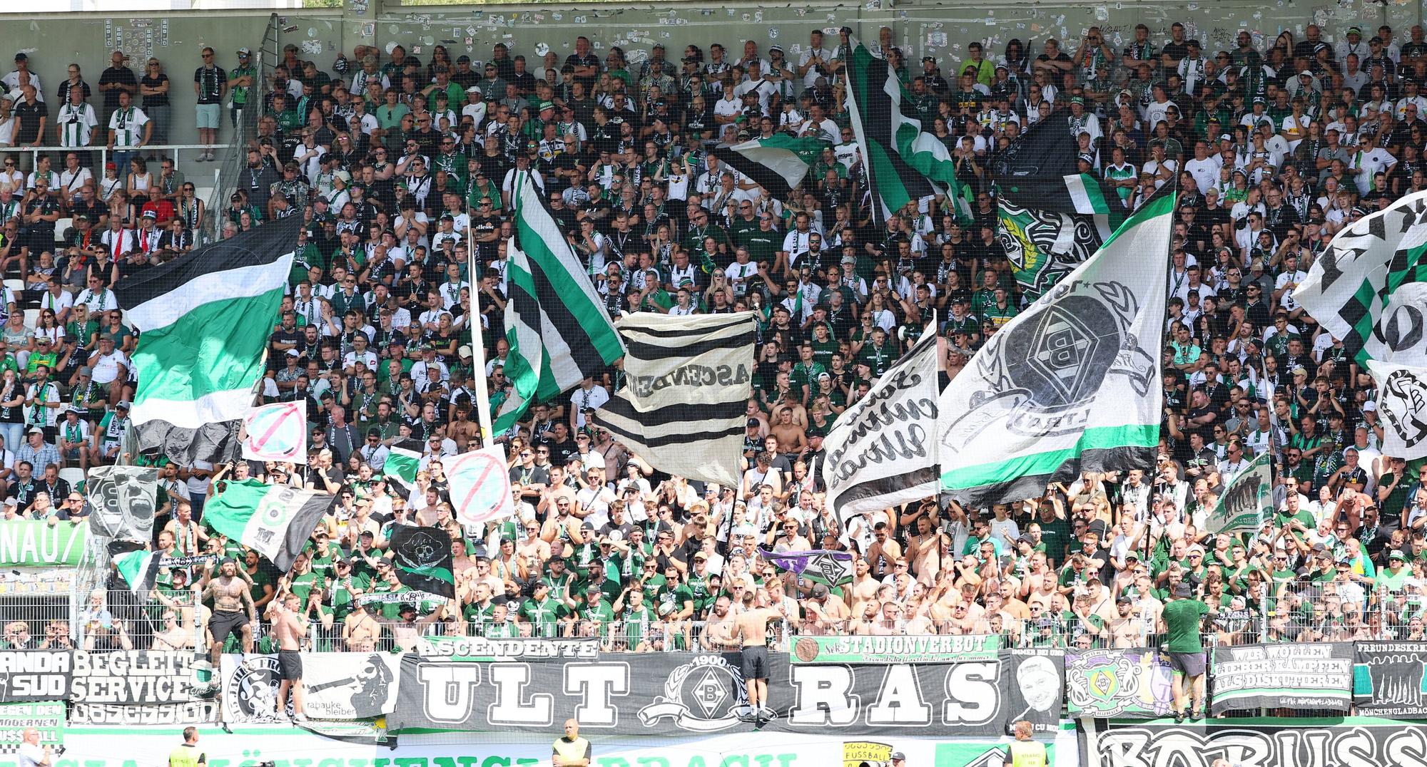 Fans von Borussia Mönchengladbach schwenken beim Pokal-Spiel in Aue ihre Fahnen.