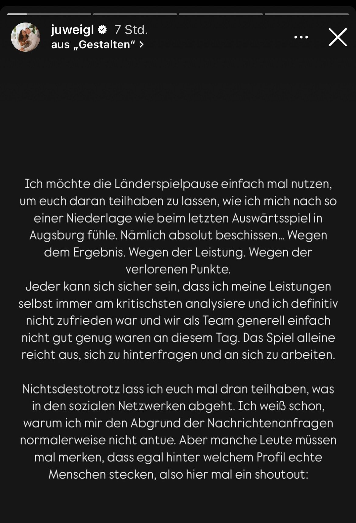 Dieses Statement veröffentlichte Borussia Mönchengladbachs Julian Weigl am Montag (7. Oktober 2024) in seiner Instagram-Stary. Screenshot von Anton Kostudis zum Zwecke der Berichterstattung angefertigt.