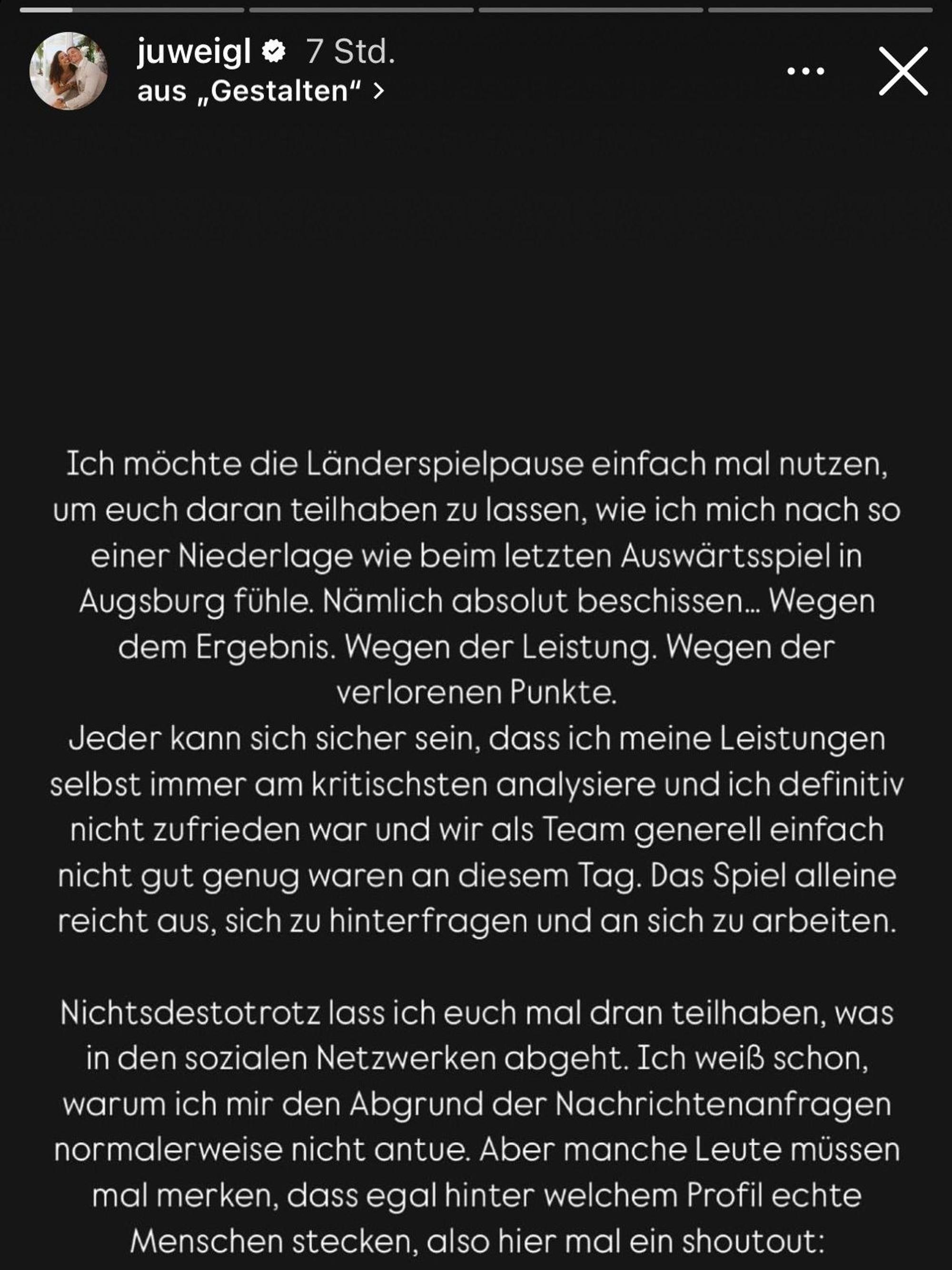 Dieses Statement veröffentlichte Borussia Mönchengladbachs Julian Weigl am Montag (7. Oktober 2024) in seiner Instagram-Stary. Screenshot von Anton Kostudis zum Zwecke der Berichterstattung angefertigt.