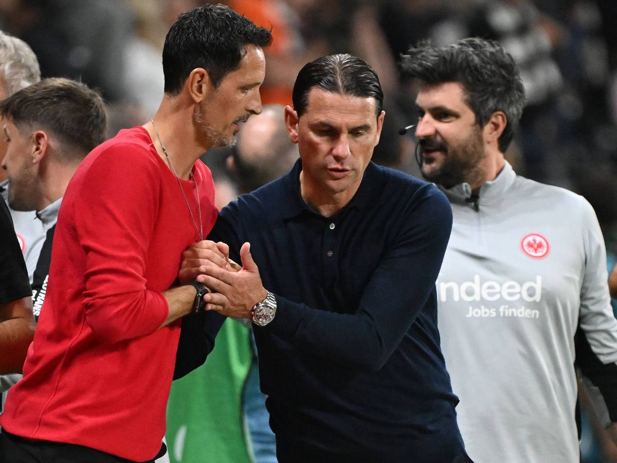 Dino Toppmöller und Gerardo Seoane schlagen sich zur Begrüßung ein.