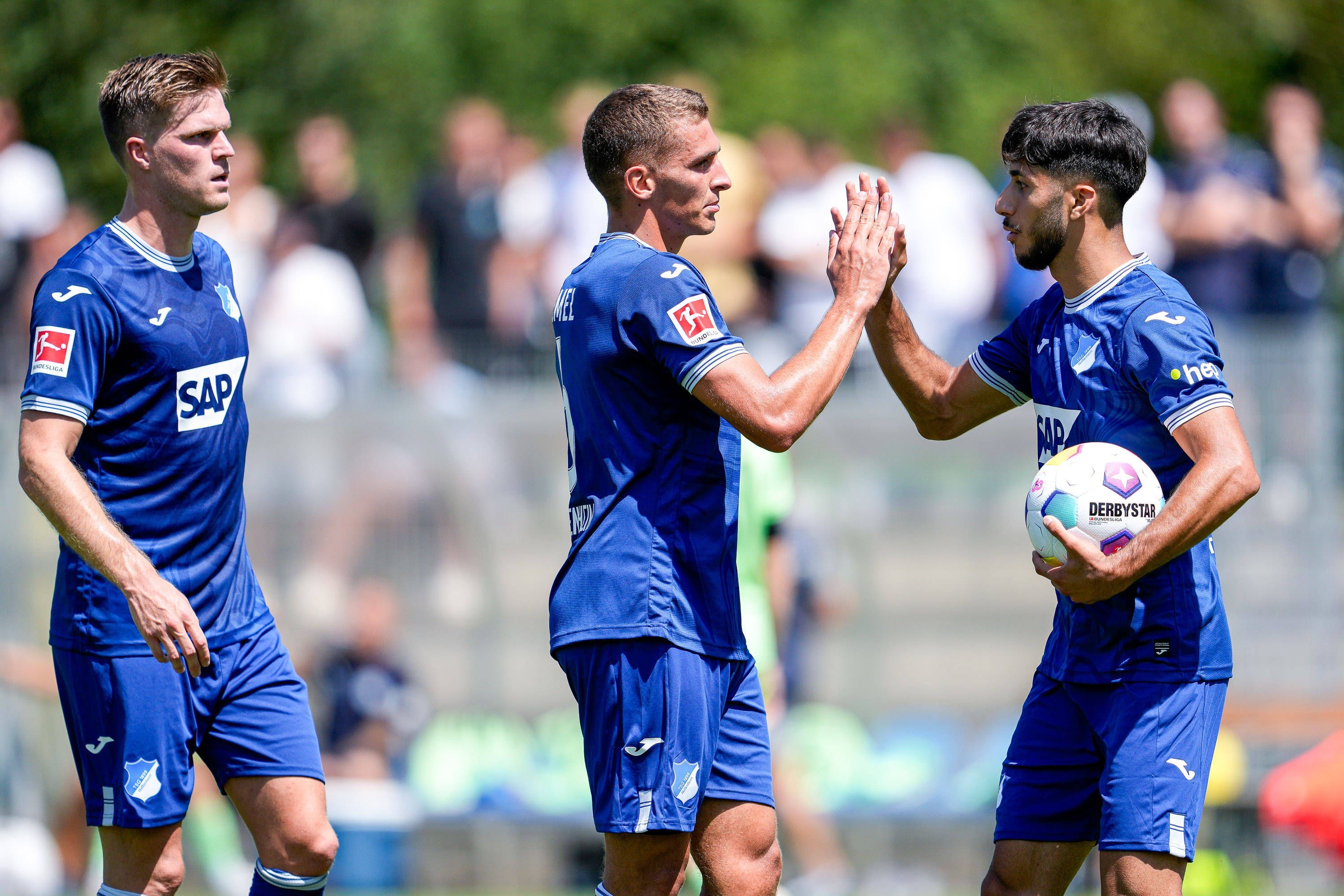 Drei Hoffenheim-Spieler freuen sich über ein Tor.