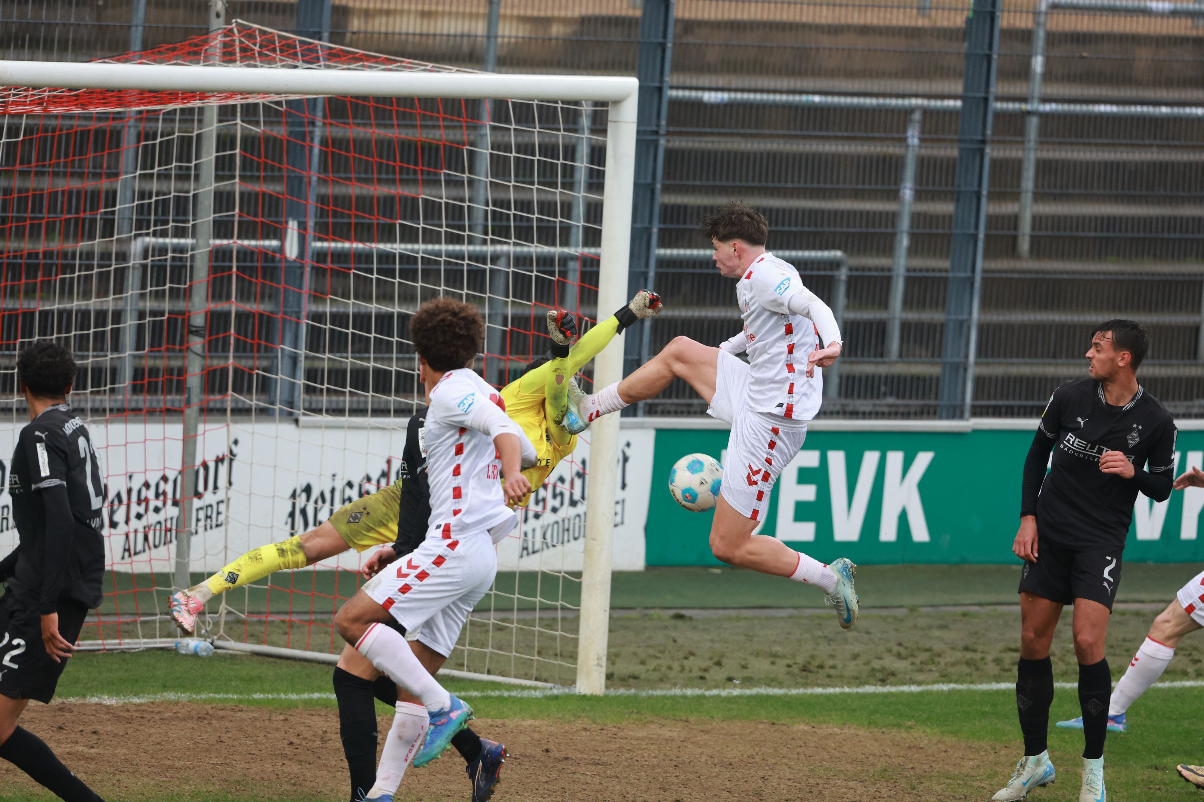 Kölns Stürmer Jaka Cuber Potocnik trifft Borussia Mönchengladbachs Torwart Maximilian Neutgens mit dem Fuß am Oberkörper.