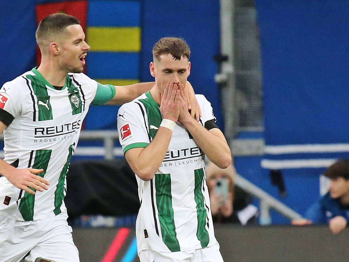 Die Gladbach-Profis Julian Weigl und Philipp Sander jubeln im Auswärtsspiel bei der TSG Hoffenheim gemeinsam über Sanders Treffer.