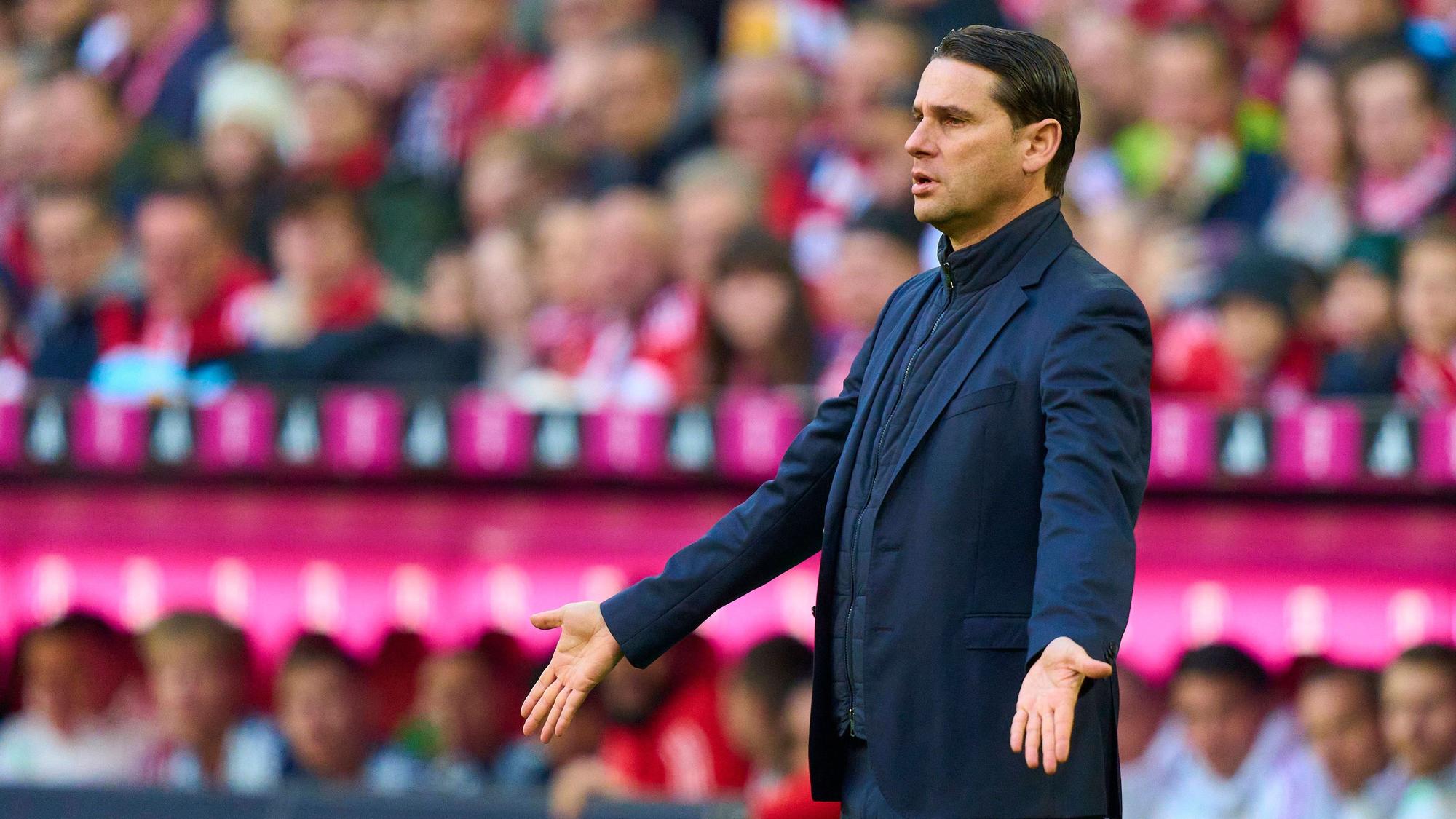 Gerardo Seoane streckt in der Allianz-Arena fragend seine Hände aus.