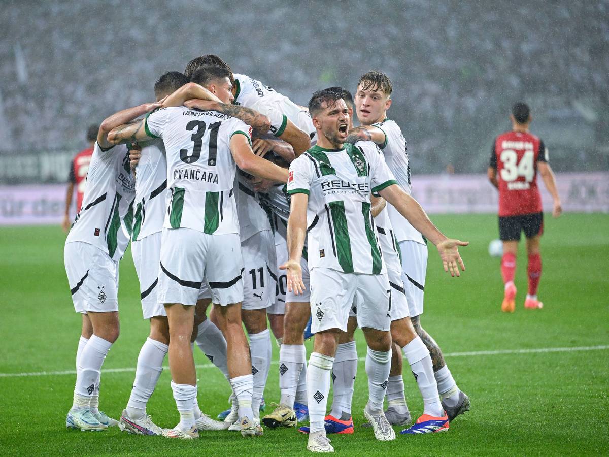 Spieler von Borussia Mönchengladbach bejubeln den Ausgleichstreffer gegen Bayer Leverkusen.
