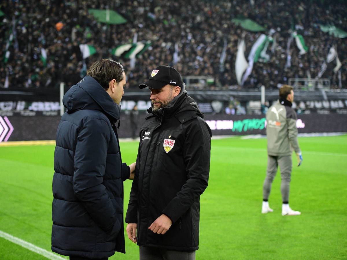 Gerardo Seoane und Sebastian Hoeneß begrüßen sich.
