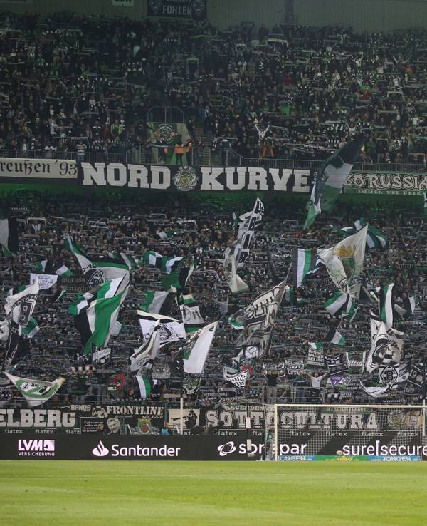 Fans von Borussia Mönchengladbach schwenken beim Bundesliga-Spiel gegen den 1. FSV Mainz 05 in der Nordkurve ihre Fahnen.