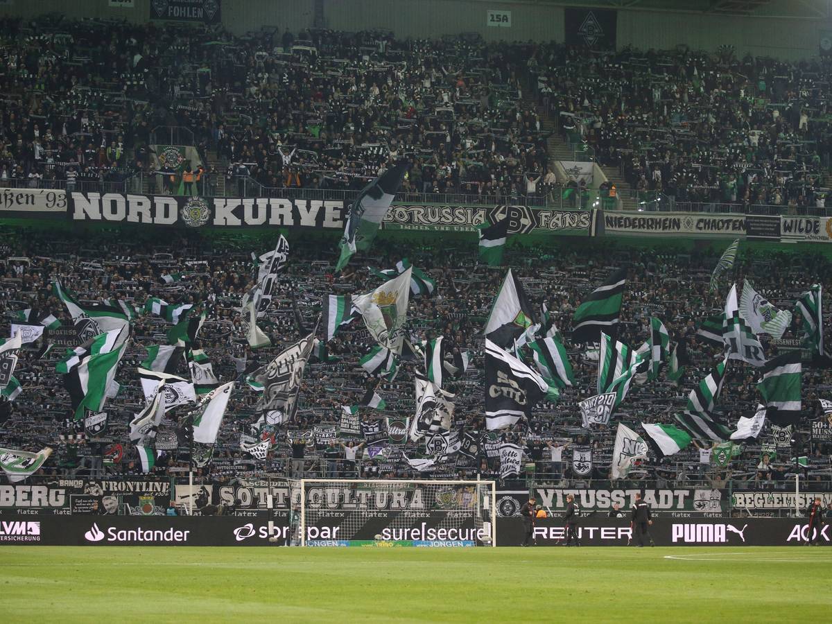 Fans von Borussia Mönchengladbach schwenken beim Bundesliga-Spiel gegen den 1. FSV Mainz 05 in der Nordkurve ihre Fahnen.