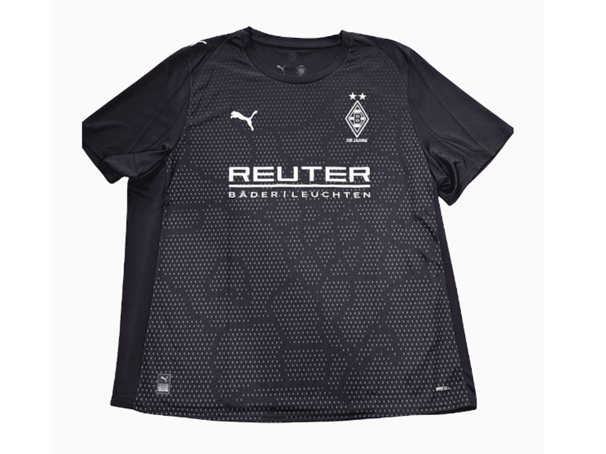 Ein schwarzes Trikot mit Mini-Rauten, die die Stadtgrenzen Mönchengladbachs darstellen.