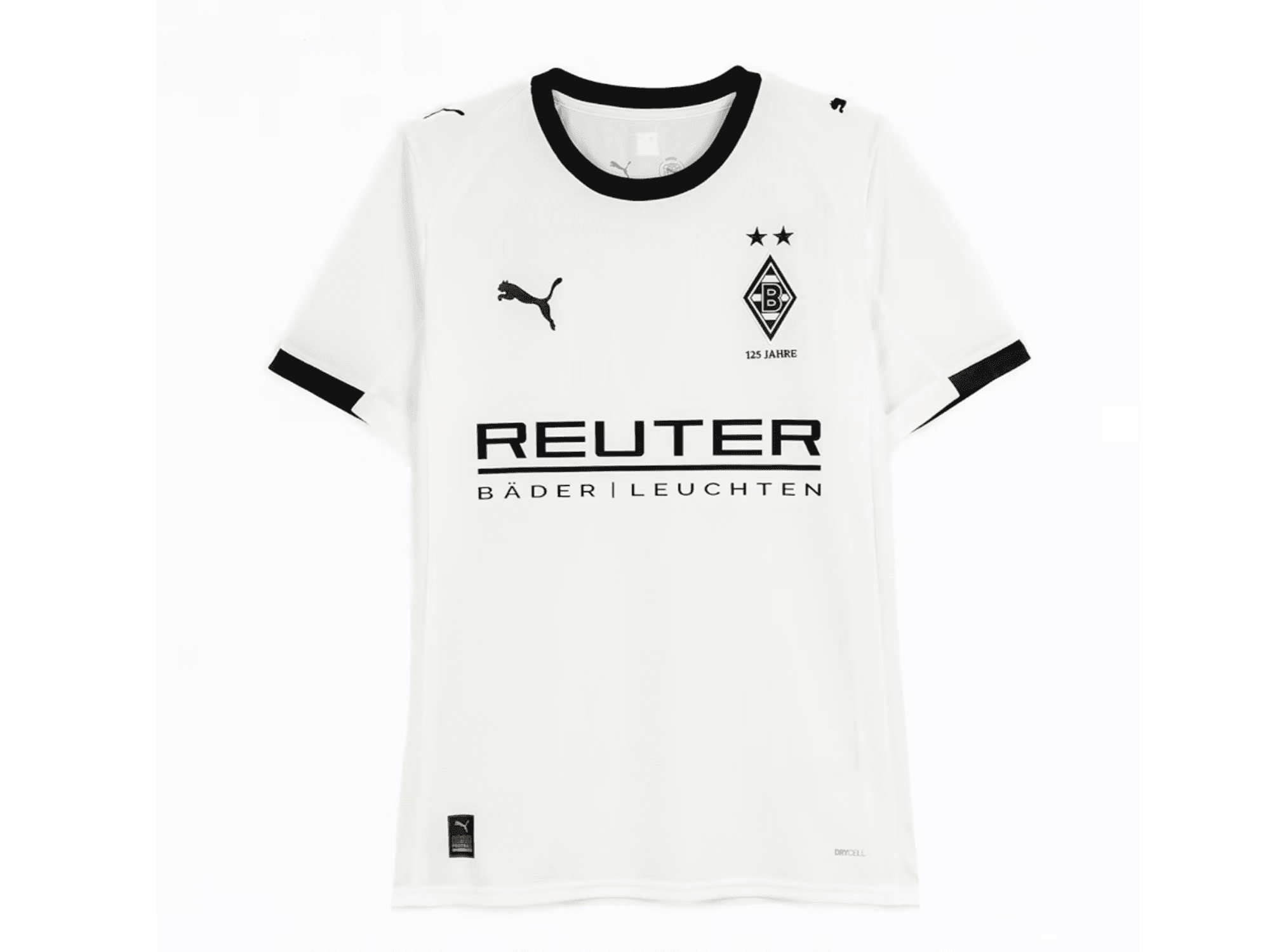Ein weißes Trikot mit schwarzen Elementen.
