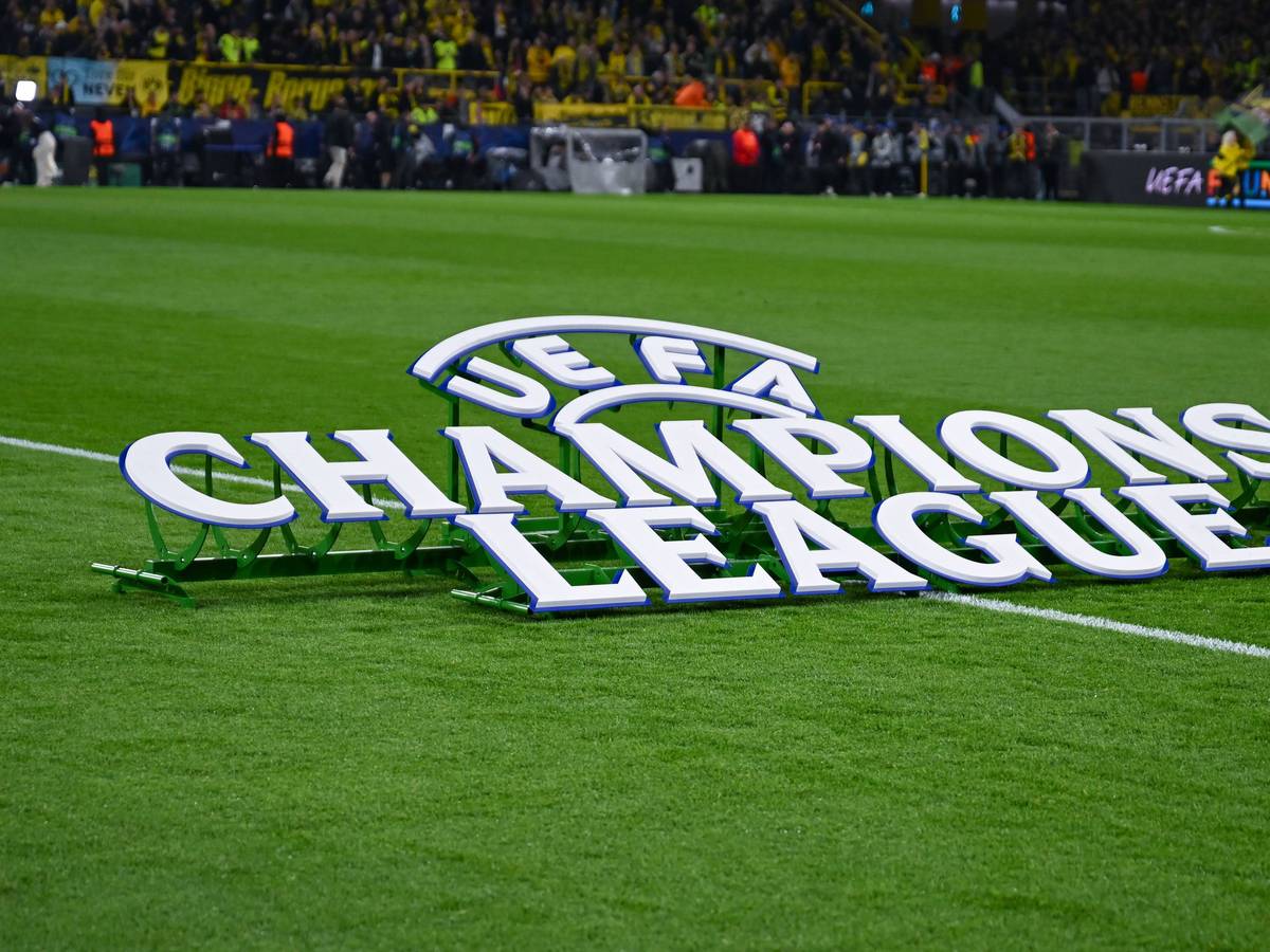 Ein Aufsteller der Champions League auf dem Rasen.