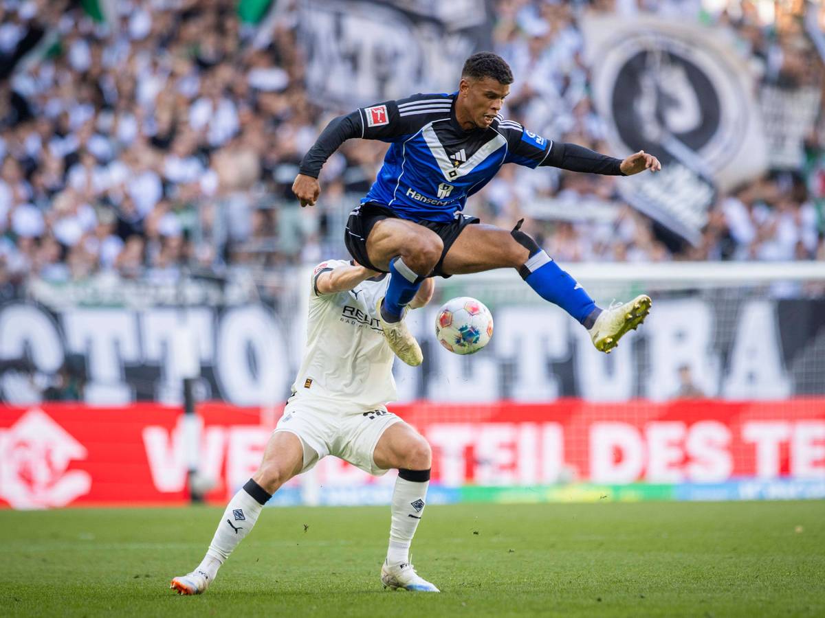 Ein Gladbach-Spieler schubst einen HSV-Profi in der Luft.