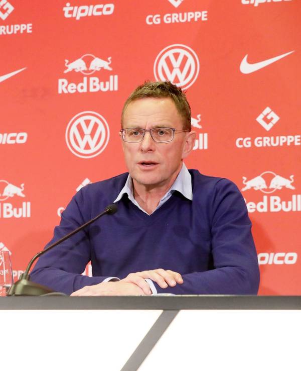 Ralph Hasenhüttl und Ralf Rangnick bei einer Leipzig-PK.