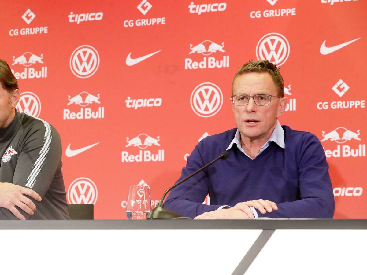 Ralph Hasenhüttl und Ralf Rangnick bei einer Leipzig-PK.