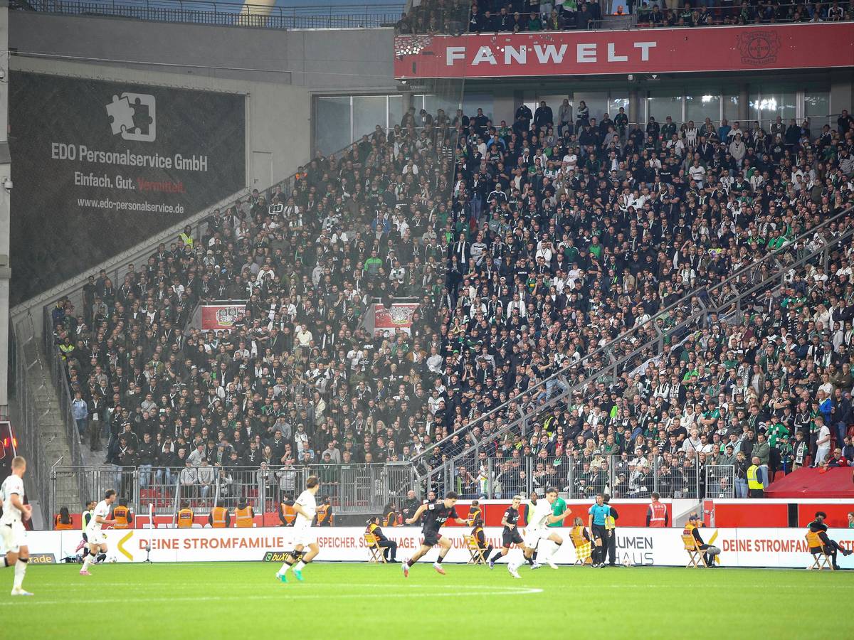 Der Gladbacher Fanblock in Leverkusen ohne Fahnen und Banner.