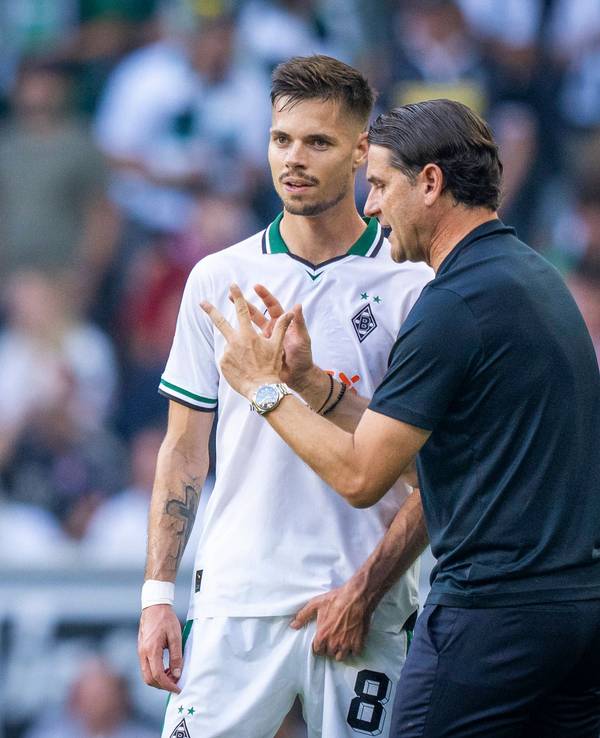 Gerardo Seoane erklärt Julian Weigl etwas am Seitenrand.