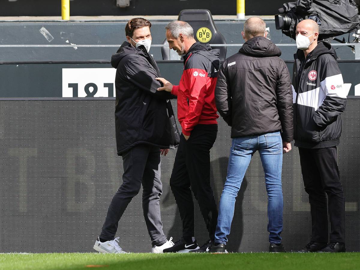 Edin Terzić und Adi Hütter vor einem Bundesliga-Spiel.