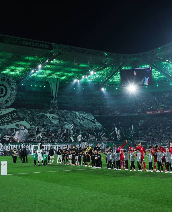 Der Borussia-Park vor dem Derby mit Choreo in der Nordkurve. Auf dem großen Fernseher ist Eugen Polanski eingeblendet.