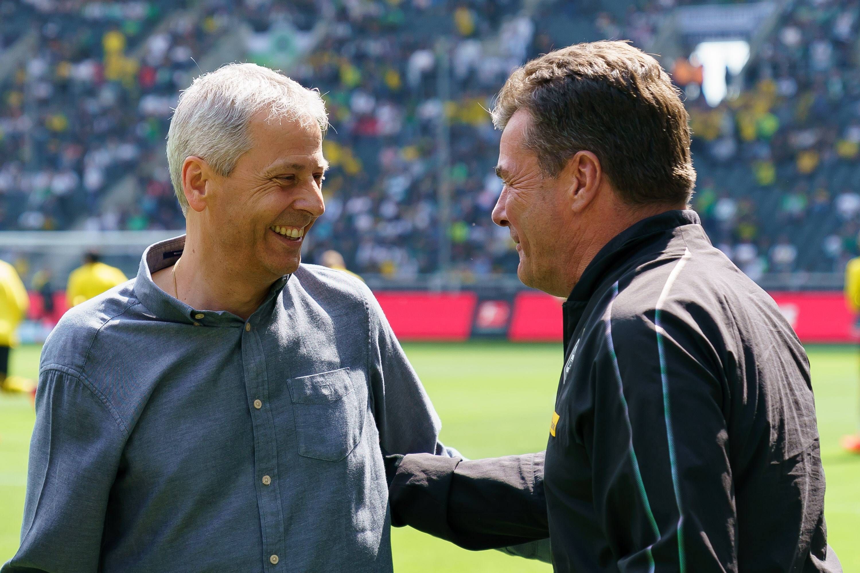 Lucien Favre (l.) begrüßt Dieter Hecking am Spielfeldrand.