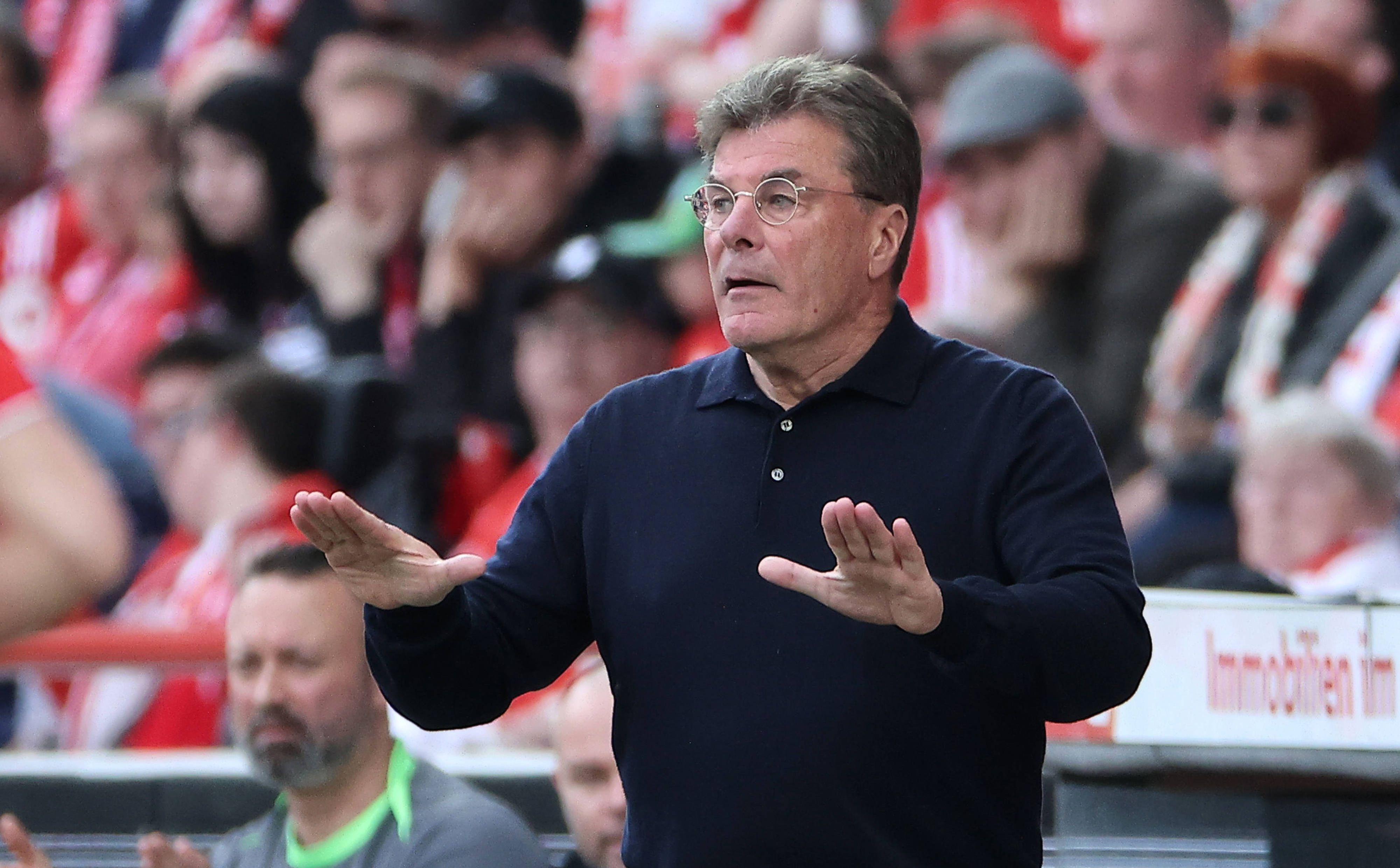 Dieter Hecking gestikuliert beim Spiel des VfL Wolfsburg.
