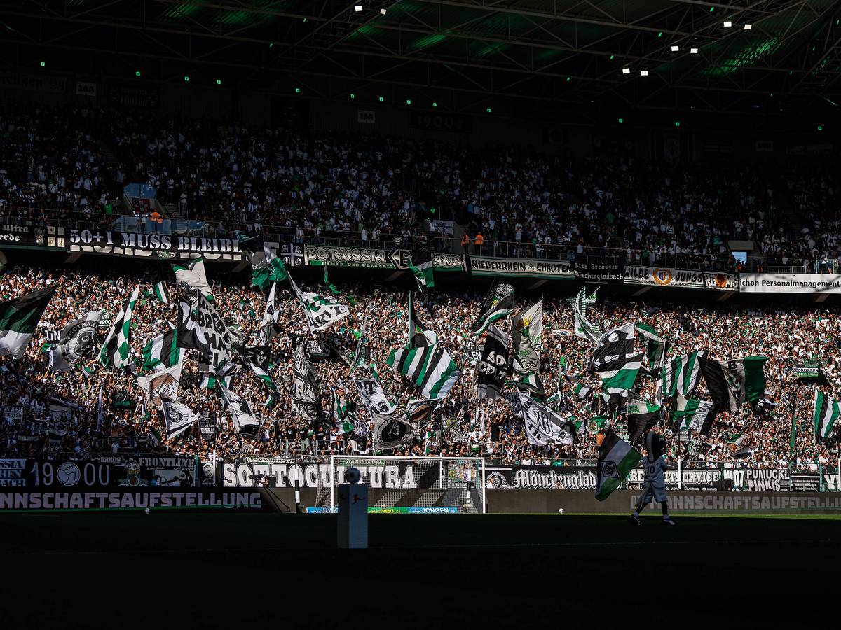 Fans von Borussia Mönchengladbach mit Fahnen im Stadion