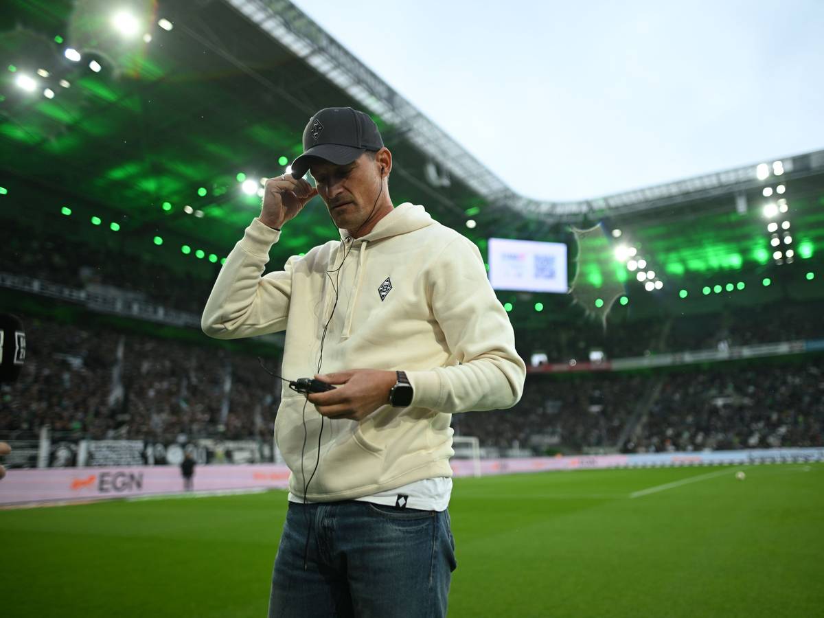 Alexander Blessin steht neben dem Spielfeld im Borussia-Park.